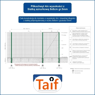 Piłkochwyt 4m wysokości   Siatka oczko 8x8cm   Grubość siatki 5mm