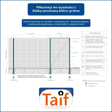 Piłkochwyt 4m wysokości   Siatka oczko 8x8cm   Grubość siatki 6mm